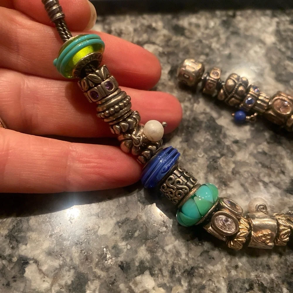 Pandora Moments Silver Bracelet with Blue green murano glass Charms - Picture 3 of 11